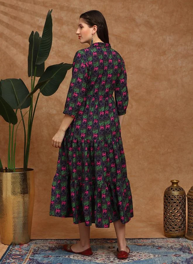 جلو باص فستان نسائي بنفسجي بياقة وأكمام أسقفية متوسط الطول